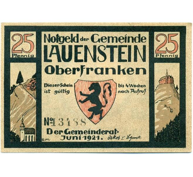 Банкнота 25 пфеннигов 1921 года Германия — Лауэнштайне (Нотгельд) (Артикул: K10-11932) — Фото №2
