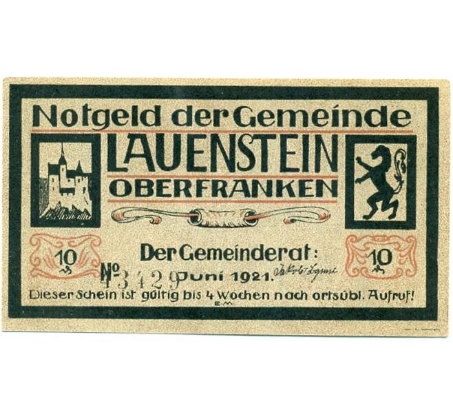 Банкнота 10 пфеннигов 1921 года Германия — Лауэнштайне (Нотгельд) (Артикул: K10-11933) — Фото №1