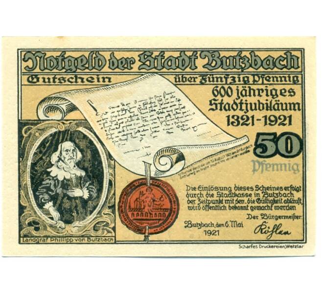 Банкнота 50 пфеннигов 1921 года Германия — Буцбах (Нотгельд) (Артикул: K10-11943) — Фото №1