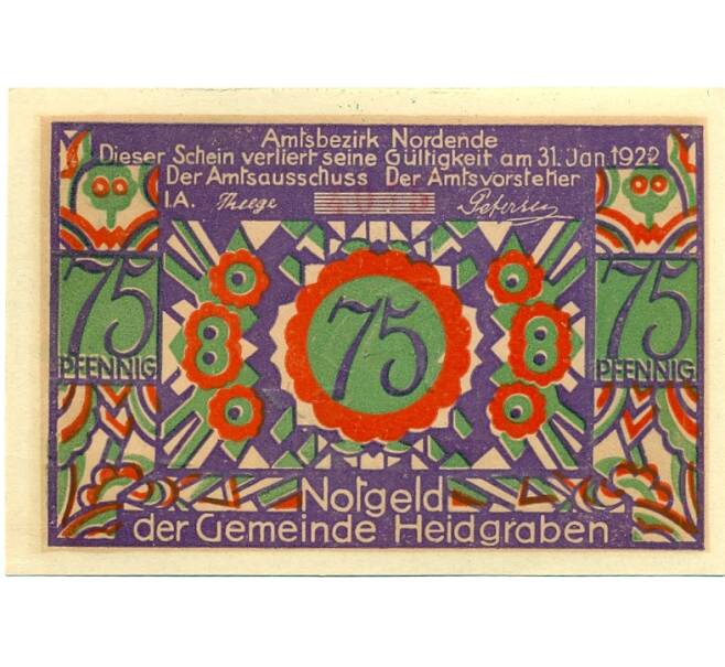 Банкнота 75 пфеннигов 1922 года Германия — Хайдграбен (Нотгельд) (Артикул: K10-11979) — Фото №2