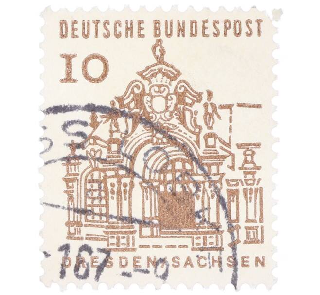 Почтовая марка 10 пфеннигов 1965 года Западная Германия (ФРГ) «Немецкие постройки XII века — Цвингера в Дрездене» (Артикул: T11-35287) — Фото №1