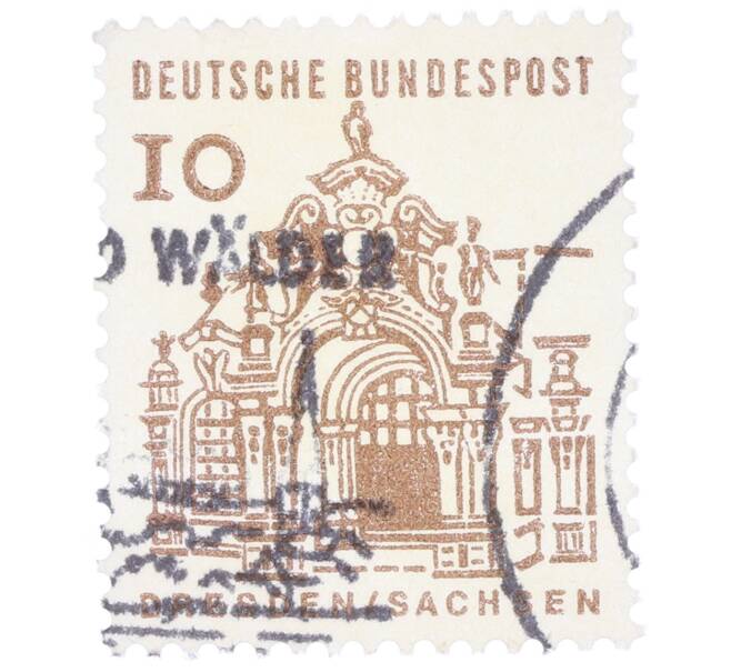 Почтовая марка 10 пфеннигов 1965 года Западная Германия (ФРГ) «Немецкие постройки XII века — Цвингер в Дрездене» (Артикул: T11-35297) — Фото №1