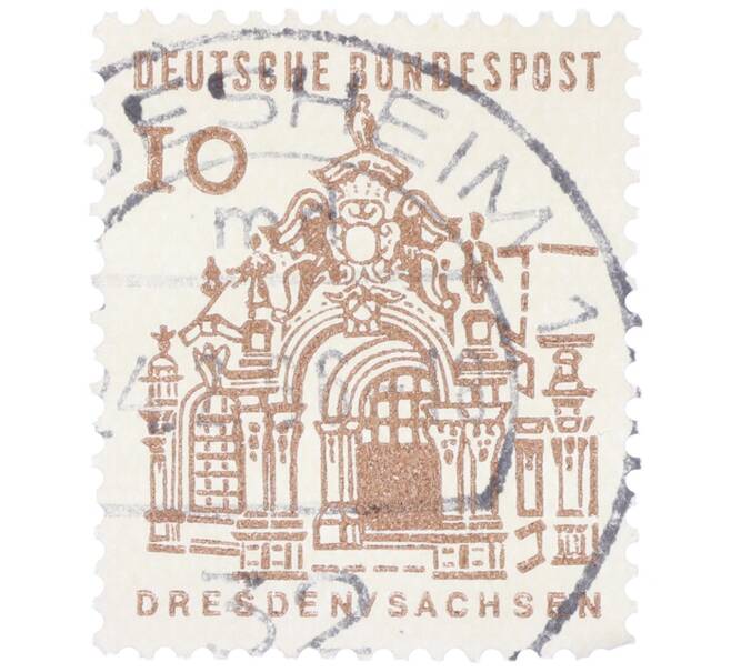 Почтовая марка 10 пфеннигов 1965 года Западная Германия (ФРГ) «Немецкие постройки XII века — Цвингер в Дрездене» (Артикул: T11-35301) — Фото №1