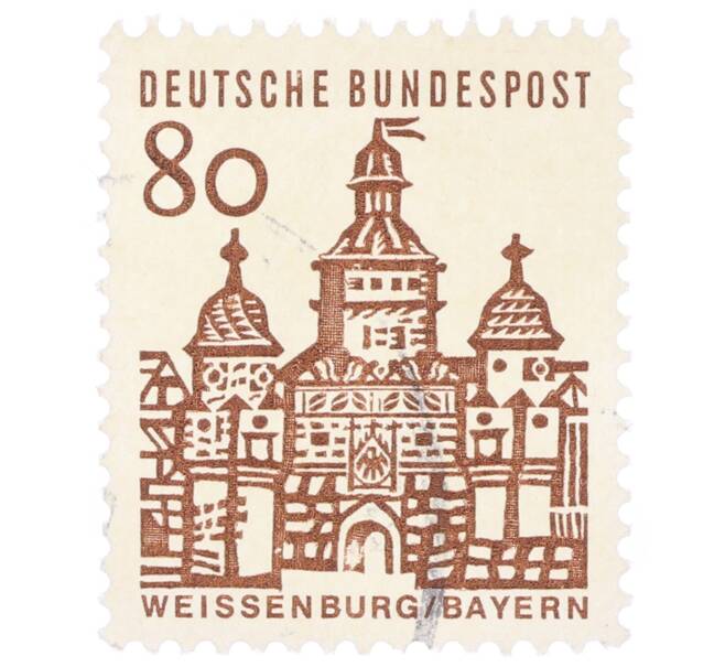 Почтовая марка 80 пфеннигов 1965 года Западная Германия (ФРГ) «Немецкие постройки XII века — Ворота Эллингера в Вайсенбурге» (Артикул: T11-35308) — Фото №1