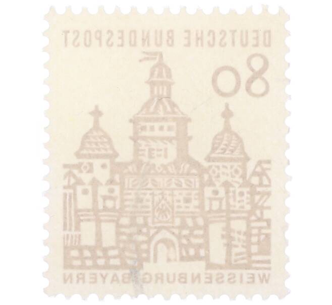 Почтовая марка 80 пфеннигов 1965 года Западная Германия (ФРГ) «Немецкие постройки XII века — Ворота Эллингера в Вайсенбурге» (Артикул: T11-35308) — Фото №2