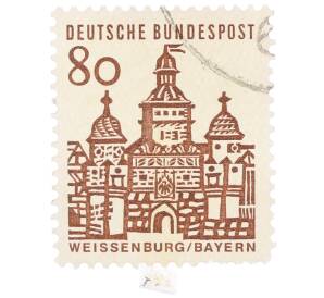 Почтовая марка 80 пфеннигов 1965 года Западная Германия (ФРГ) «Немецкие постройки XII века — Ворота Эллингера в Вайсенбурге»