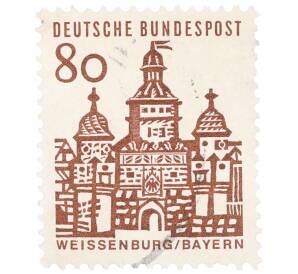 Почтовая марка 80 пфеннигов 1965 года Западная Германия (ФРГ) «Немецкие постройки XII века — Ворота Эллингера в Вайсенбурге»