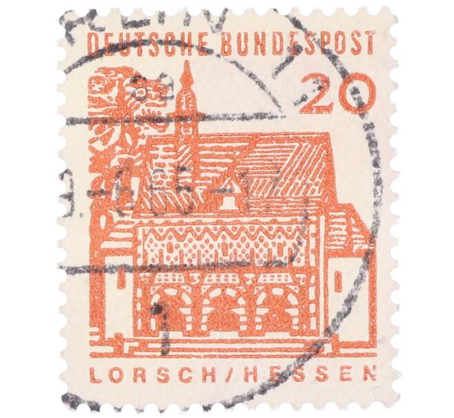 Почтовая марка 20 пфеннигов 1965 года Западная Германия (ФРГ) «Немецкие постройки XII века — Ворота Лоршского монастыря в Гессене» (Артикул: T11-35313) — Фото №1