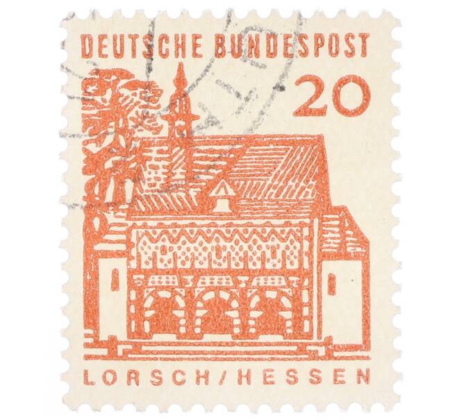 Почтовая марка 20 пфеннигов 1965 года Западная Германия (ФРГ) «Немецкие постройки XII века — Ворота Лоршского монастыря в Гессене» (Артикул: T11-35314) — Фото №1