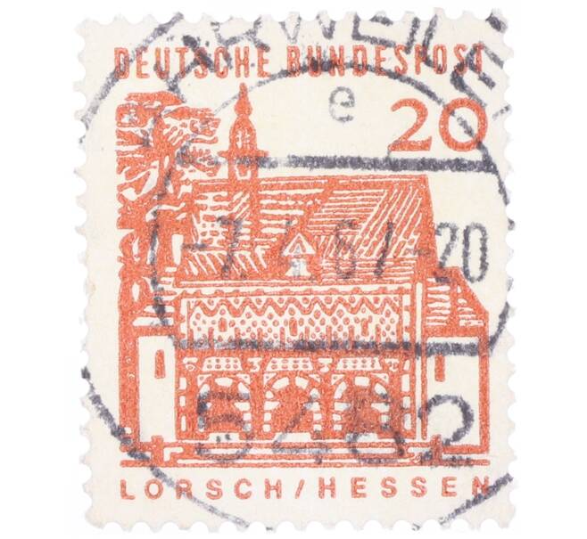 Почтовая марка 20 пфеннигов 1965 года Западная Германия (ФРГ) «Немецкие постройки XII века — Ворота Лоршского монастыря в Гессене» (Артикул: T11-35324) — Фото №1