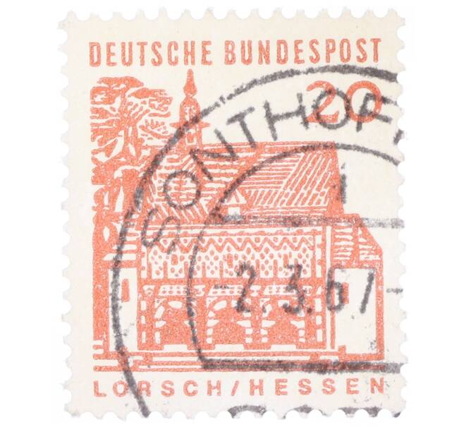 Почтовая марка 20 пфеннигов 1965 года Западная Германия (ФРГ) «Немецкие постройки XII века — Ворота Лоршского монастыря в Гессене» (Артикул: T11-35325) — Фото №1