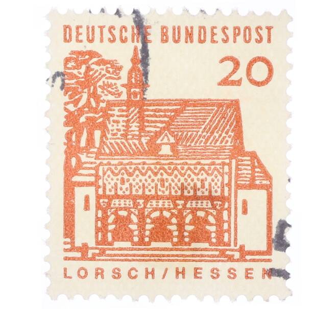 Почтовая марка 20 пфеннигов 1965 года Западная Германия (ФРГ) «Немецкие постройки XII века — Ворота Лоршского монастыря в Гессене» (Артикул: T11-35326) — Фото №1