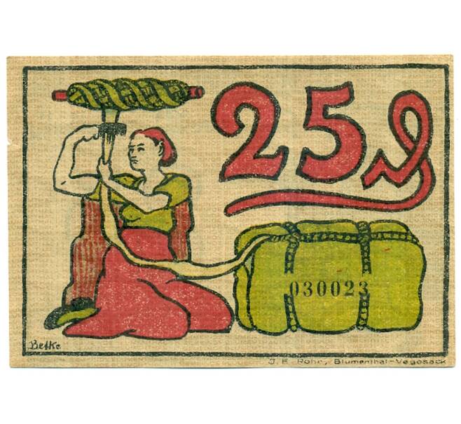 Банкнота 25 пфеннигов 1921 года Германия — Блюменталь (Нотгельд) (Артикул: K10-11984) — Фото №2