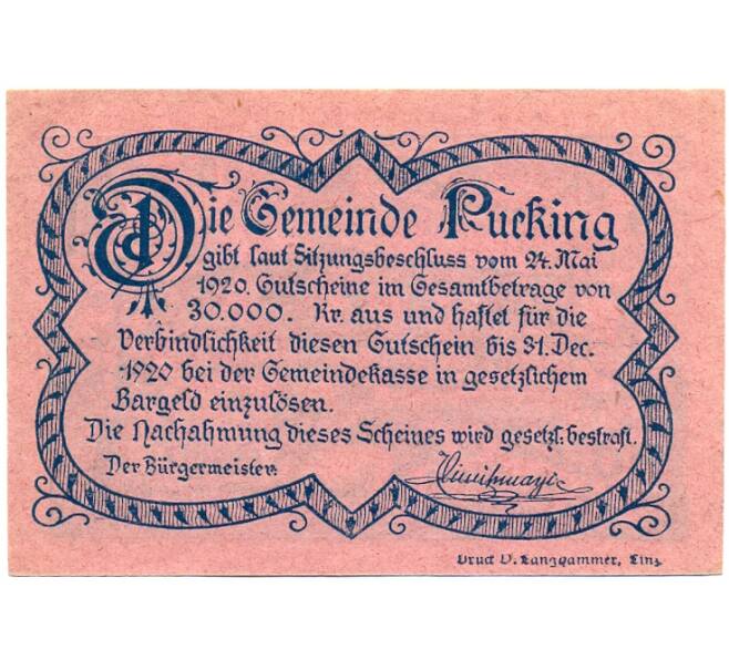 Банкнота 10 геллеров 1920 года Австрия — Пуккинг (Нотгельд) (Артикул: B2-16099) — Фото №2