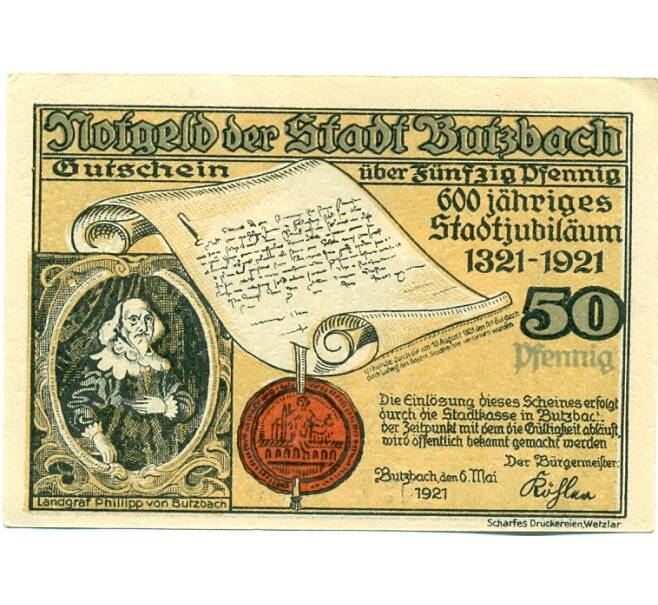 Банкнота 50 пфеннигов 1921 года Германия — Буцбах (Нотгельд) (Артикул: K10-12034) — Фото №1