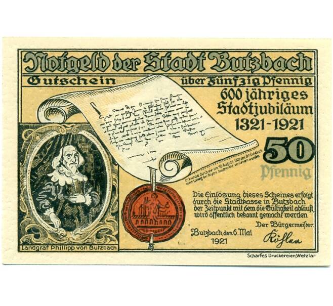 Банкнота 50 пфеннигов 1921 года Германия — Буцбах (Нотгельд) (Артикул: K10-12035) — Фото №1