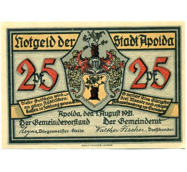 Банкнота 25 пфеннигов 1921 года Германия — Апольд (Нотгельд) (Артикул: K10-12078) — Фото №1
