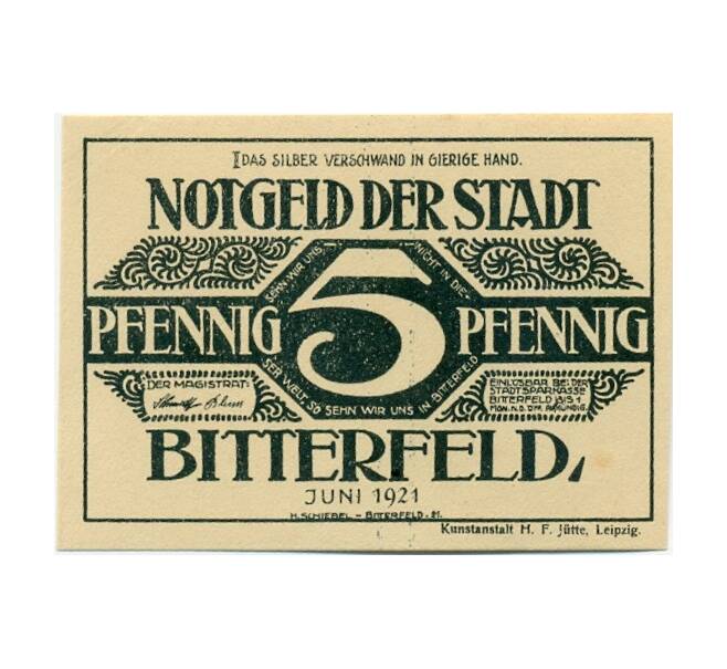 Банкнота 5 пфеннигов 1921 года Германия — Биттерфельд (Нотгельд) (Артикул: K10-12112) — Фото №1