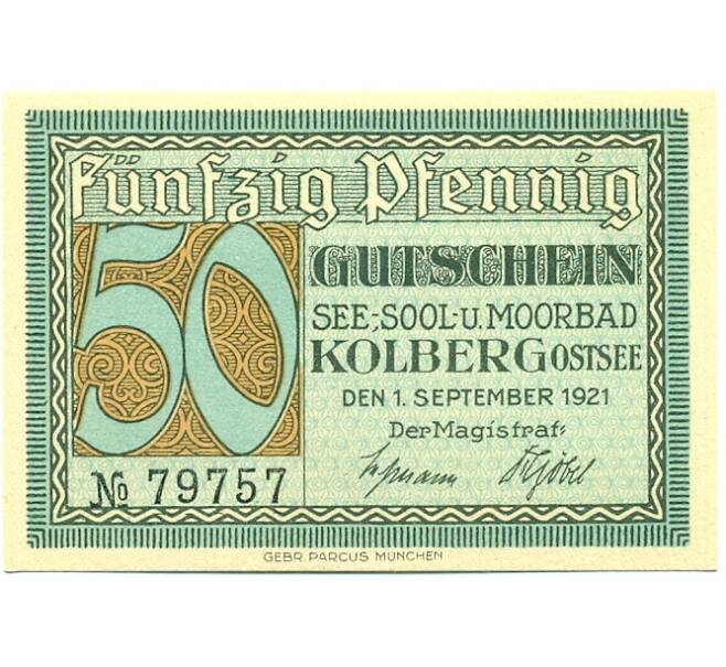 Банкнота 50 пфеннигов 1921 года Германия — Колобжег (Нотгельд) (Артикул: K10-12154) — Фото №1