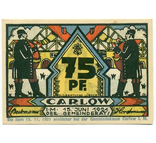 Банкнота 75 пфеннигов 1921 года Германия — Карлоу (Нотгельд) (Артикул: K10-12165) — Фото №1