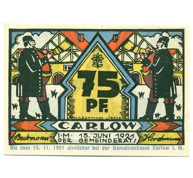 Банкнота 75 пфеннигов 1921 года Германия — Карлоу (Нотгельд) (Артикул: K10-12166) — Фото №1