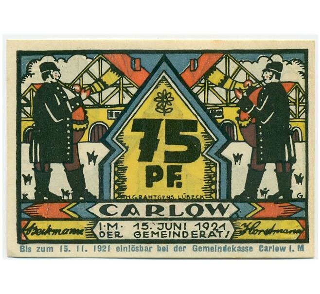 Банкнота 75 пфеннигов 1921 года Германия — Карлоу (Нотгельд) (Артикул: K10-12168) — Фото №1