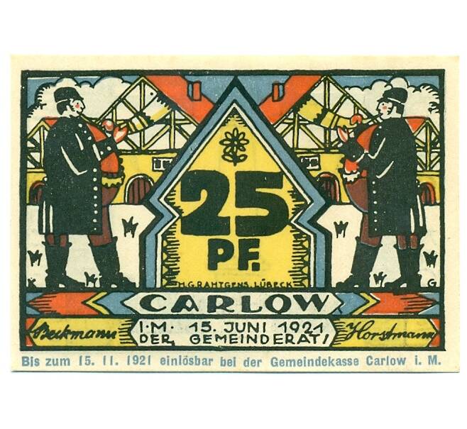 Банкнота 25 пфеннигов 1921 года Германия — Карлоу (Нотгельд) (Артикул: K10-12169) — Фото №1