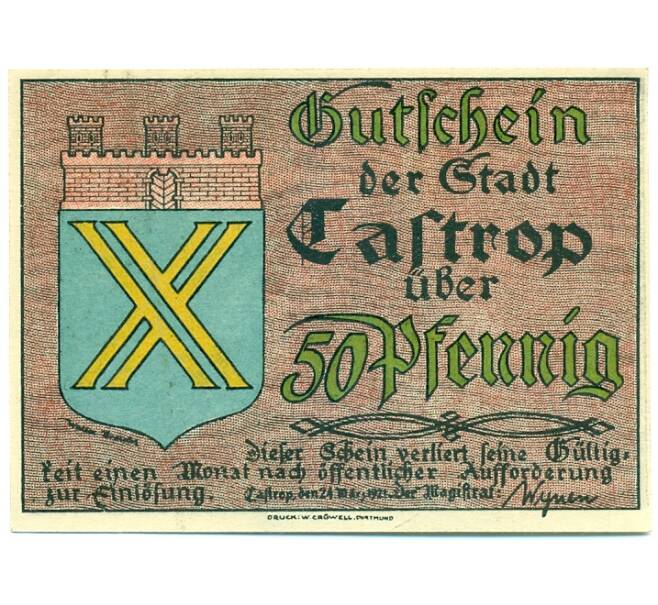 Банкнота 50 пфеннигов 1921 года Германия — Кастроп (Нотгельд) (Артикул: K10-12170) — Фото №1