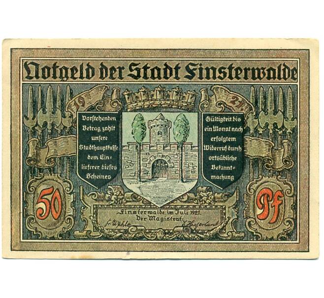 Банкнота 50 пфеннигов 1921 года Германия — Финстервальде (Нотгельд) (Артикул: K10-12178) — Фото №1
