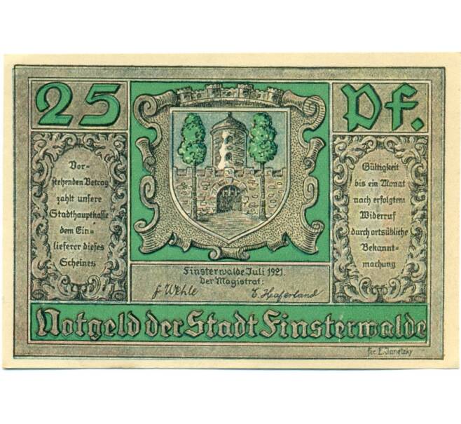 Банкнота 25 пфеннигов 1921 года Германия — Финстервальде (Нотгельд) (Артикул: K10-12179) — Фото №1