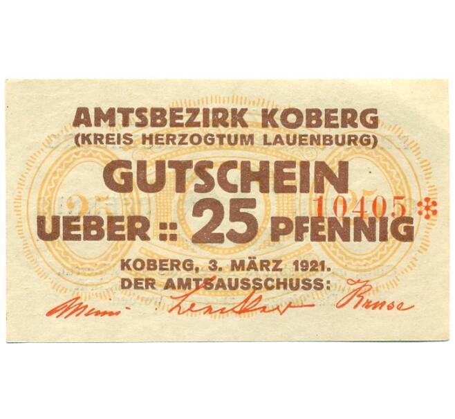 Банкнота 25 пфеннигов 1921 года Германия — Коберг (Нотгельд) (Артикул: K10-12200) — Фото №1