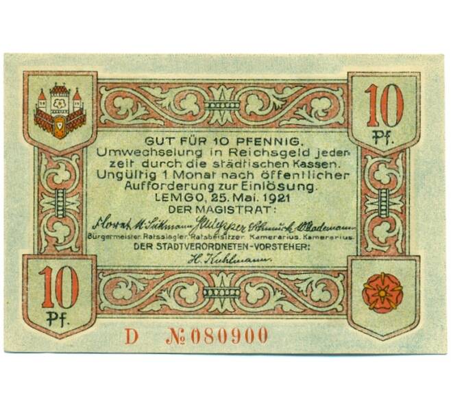 Банкнота 10 пфеннигов 1921 года Германия — Лемго (Нотгельд) (Артикул: K10-12215) — Фото №2