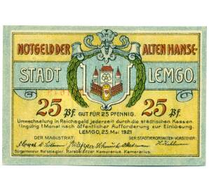 25 пфеннигов 1921 года Германия — Лемго (Нотгельд) — Фото №1