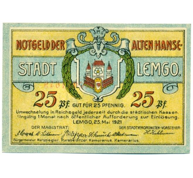 Банкнота 25 пфеннигов 1921 года Германия — Лемго (Нотгельд) (Артикул: K10-12216) — Фото №1