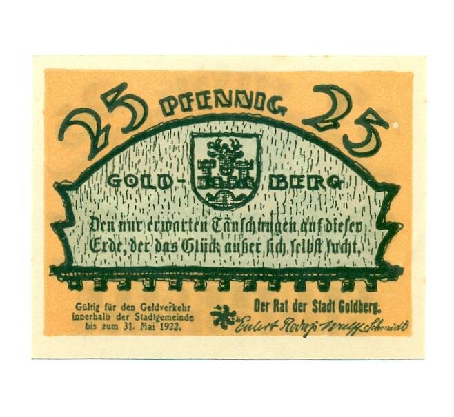 Банкнота 25 пфеннигов 1921 года Германия — Гольдберг (Нотгельд) (Артикул: K10-12277) — Фото №2