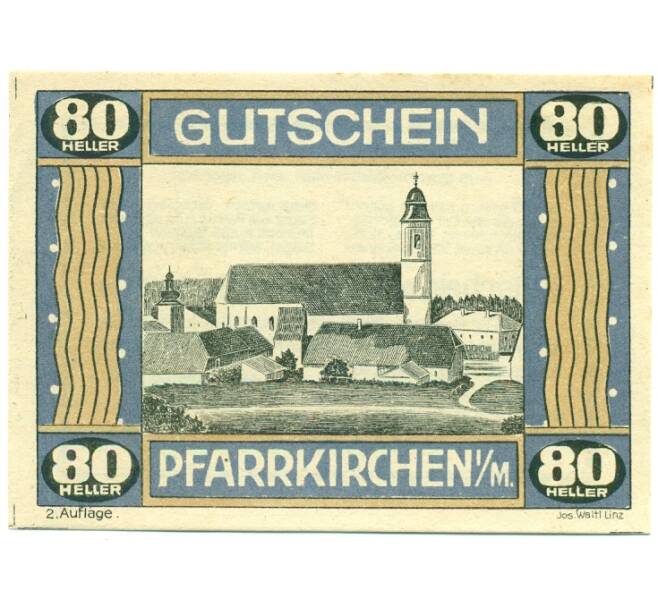 Банкнота 80 геллеров 1920 года Австрия — Пфарркирхене-на-Мондзее (Нотгельд) (Артикул: B2-16145) — Фото №1