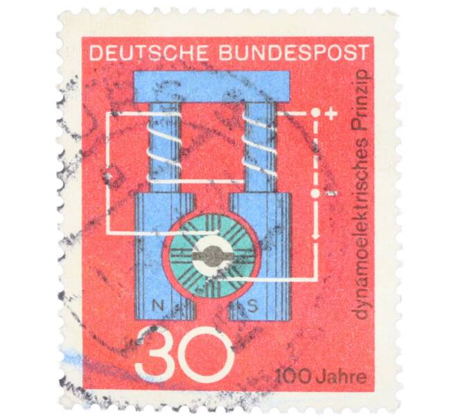 Почтовая марка 30 пфеннигов 1966 года Западная Германия (ФРГ) «Научные юбилеи — 100 лет динамоэлектрическому принципу» (Артикул: T11-35347) — Фото №1
