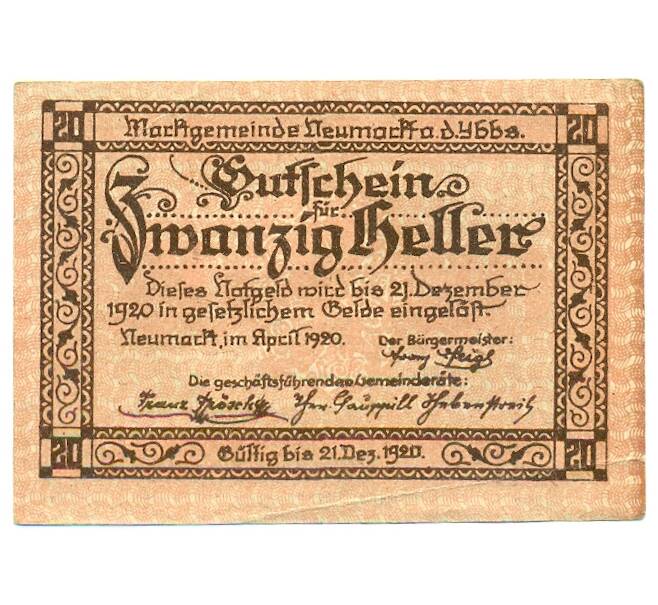 Банкнота 20 геллеров 1920 года Австрия — Ноймаркт-на-Ибсе (Нотгельд) (Артикул: B2-16217) — Фото №1