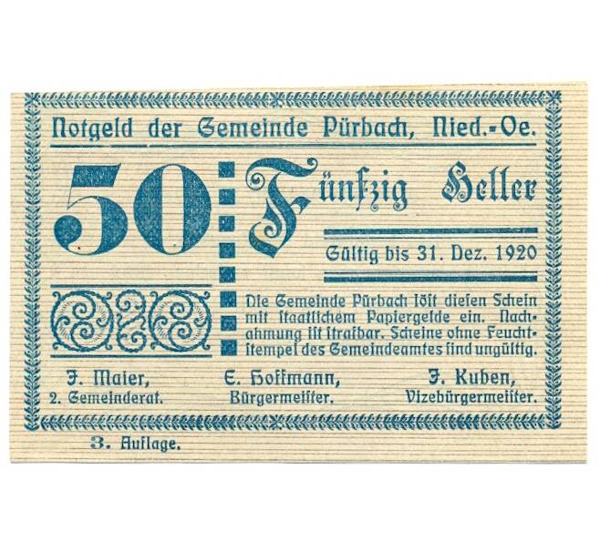 Банкнота 50 геллеров 1920 года Австрия — Пюрбах (Нотгельд) (Артикул: B2-16271) — Фото №1