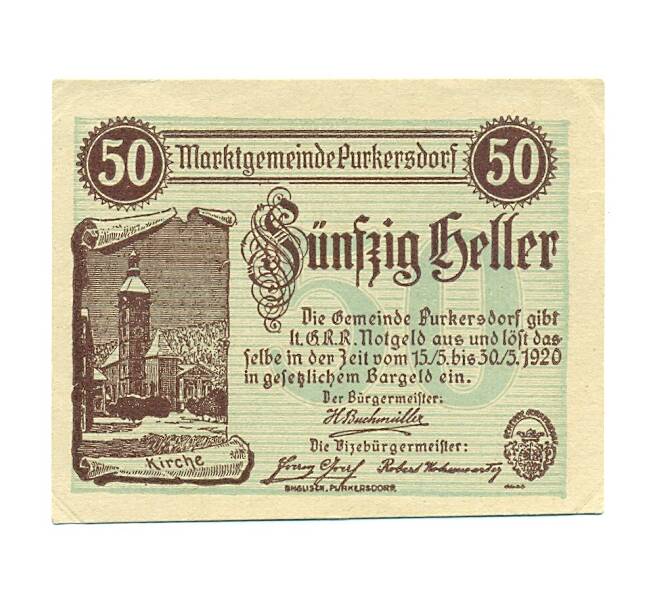 Банкнота 50 геллеров 1920 года Австрия — Пуркерсдорф (Нотгельд) (Артикул: B2-16275) — Фото №1