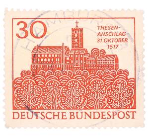 Почтовая марка 30 пфеннигов 1967 года Западная Германия (ФРГ) «Замок Вартбург в Айзенахе» — Фото №1