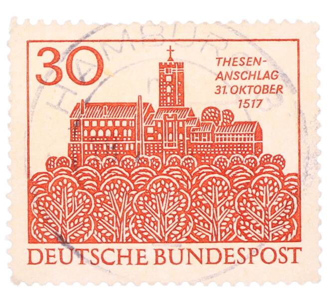 Почтовая марка 30 пфеннигов 1967 года Западная Германия (ФРГ) «Замок Вартбург в Айзенахе» (Артикул: T11-35726) — Фото №1