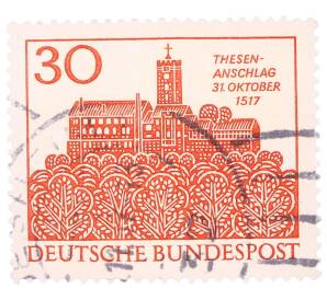 Почтовая марка 30 пфеннигов 1967 года Западная Германия (ФРГ) «Замок Вартбург в Айзенахе» — Фото №1