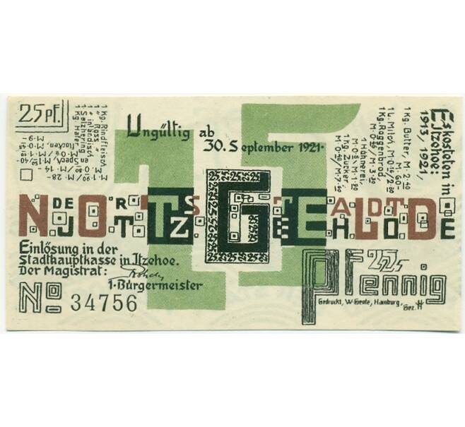 Банкнота 25 пфеннигов 1921 года Германия — Итцехо (Нотгельд) (Артикул: K10-12300) — Фото №1