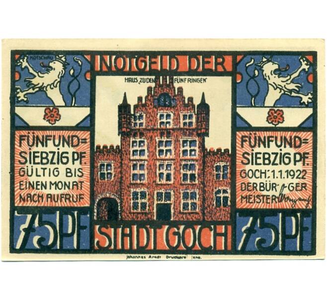 Банкнота 75 пфеннигов 1922 года Германия — Гох (Нотгельд) (Артикул: K10-12317) — Фото №2