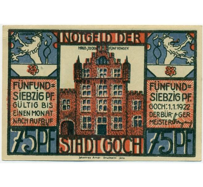 Банкнота 75 пфеннигов 1922 года Германия — Гох (Нотгельд) (Артикул: K10-12319) — Фото №2