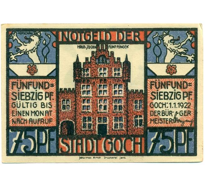 Банкнота 75 пфеннигов 1922 года Германия — Гох (Нотгельд) (Артикул: K10-12324) — Фото №2
