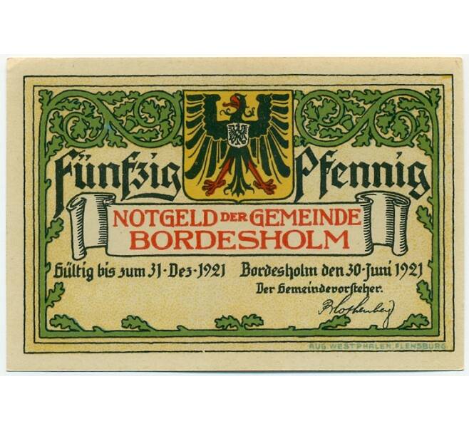 Банкнота 50 пфеннигов 1921 года Германия — Бордесхольм (Нотгельд) (Артикул: K10-12325) — Фото №1