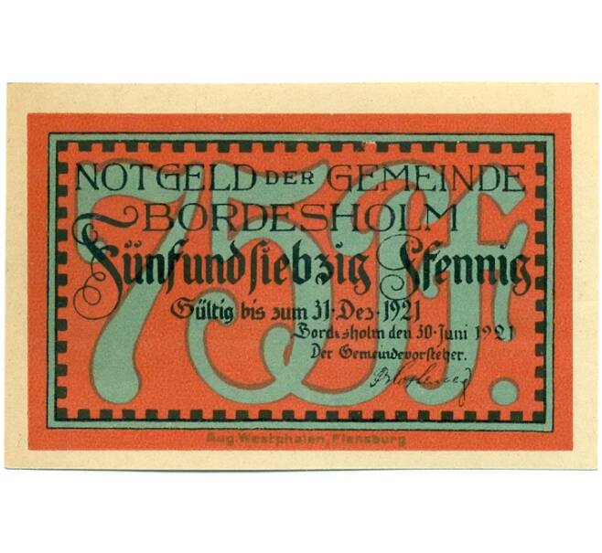Банкнота 75 пфеннигов 1921 года Германия — Бордесхольм (Нотгельд) (Артикул: K10-12331) — Фото №1
