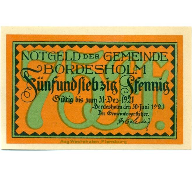 Банкнота 75 пфеннигов 1921 года Германия — Бордесхольм (Нотгельд) (Артикул: K10-12332) — Фото №1